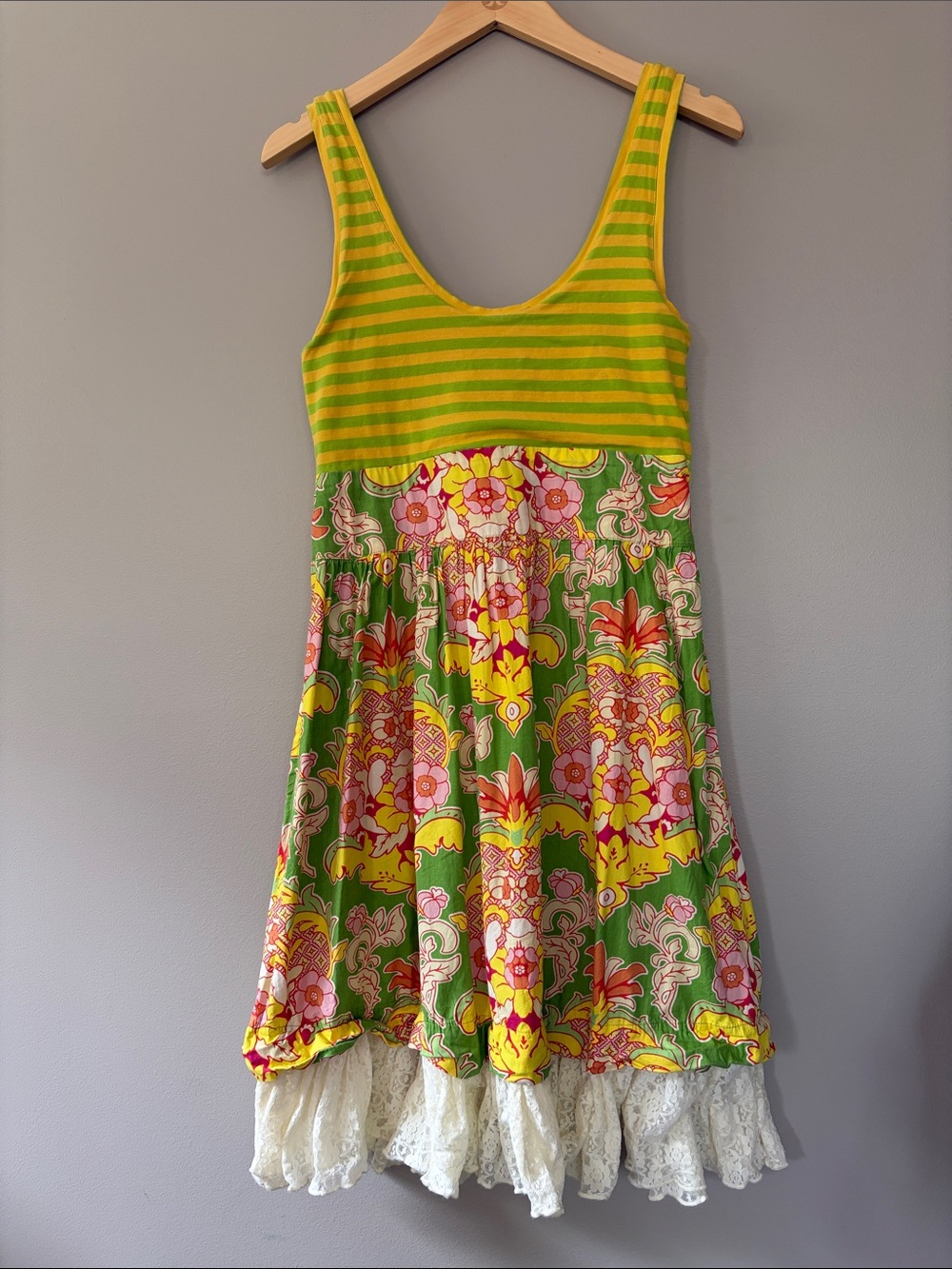 Mustard Pie Mixed Print Floral Stripe
Dress Lace Trim Sundress Small Boho Retro